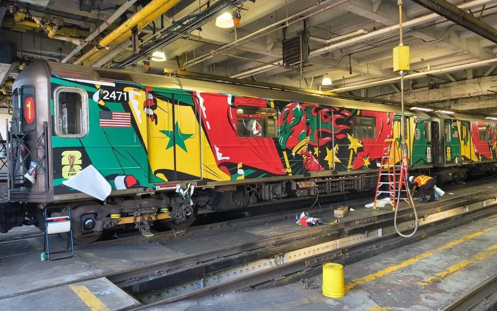 Wagon du métro new-yorkais décoré aux couleurs du Sénégal